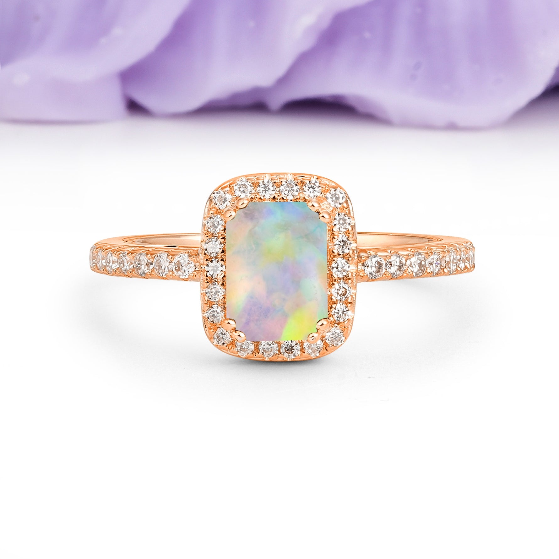 Classic Channel-Set, Vintage-Style 4-Prong Emerald Cut Fire Opal Engagement Ring - Additional view