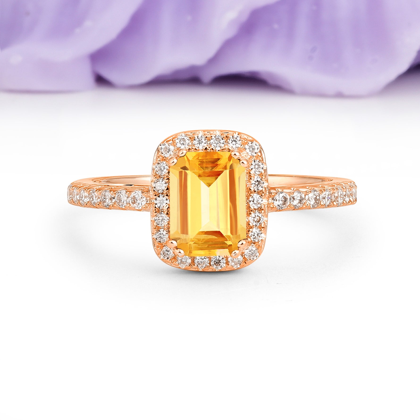 Classic Channel-Set, Vintage-Style 4-Prong Emerald Cut Citrine Engagement Ring - Additional view