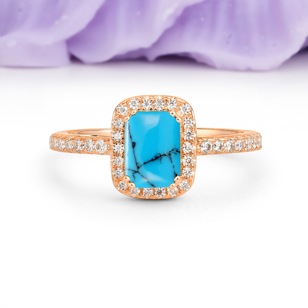 Classic Channel-Set, Vintage-Style 4-Prong Emerald Cut Turquoise Engagement Ring - Additional view