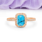 Classic Channel-Set, Vintage-Style 4-Prong Emerald Cut Turquoise Engagement Ring - Additional view