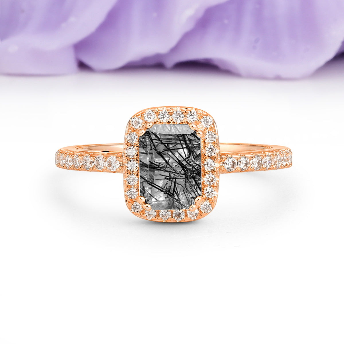 Classic Channel-Set, Vintage-Style 4-Prong Emerald Cut Black Rutilated Quartz Engagement Ring - Additional view