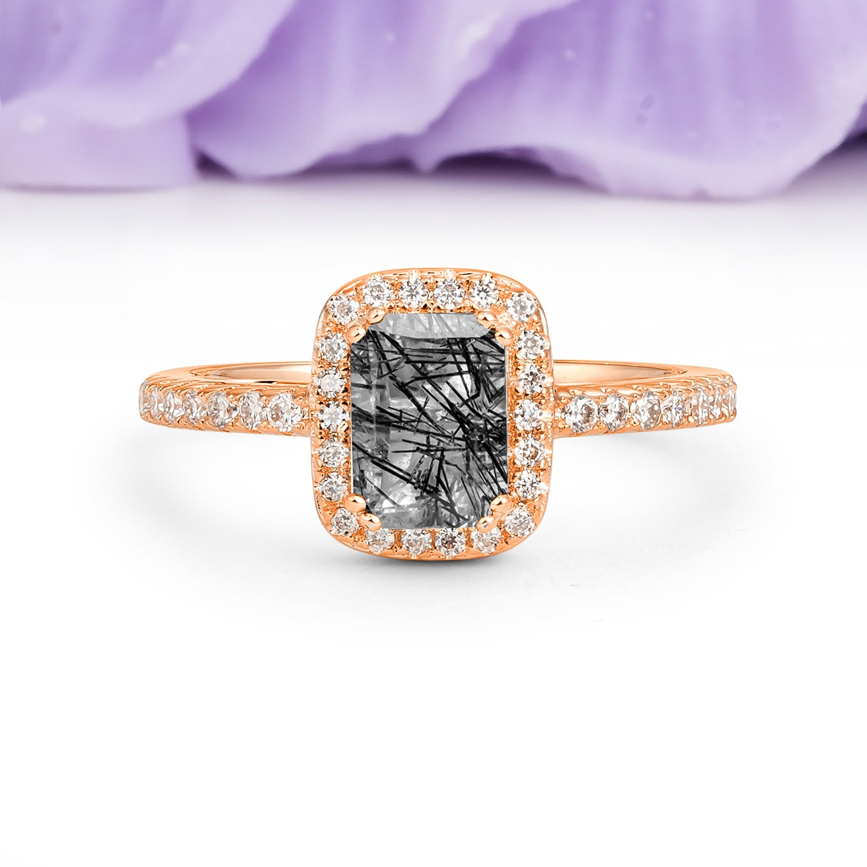 Classic Channel-Set, Vintage-Style 4-Prong Emerald Cut Black Rutilated Quartz Engagement Ring - Additional view