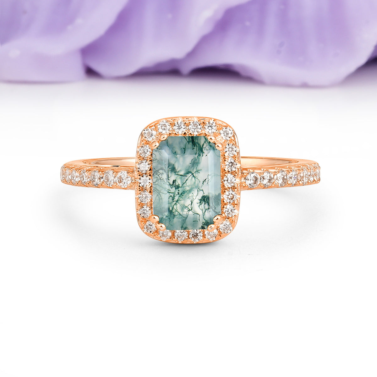 Classic Channel-Set, Vintage-Style 4-Prong Emerald Cut Moss Agate Engagement Ring - Additional view