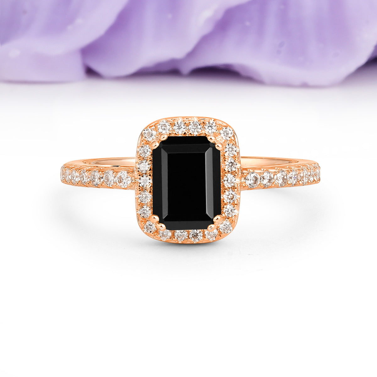 Classic Channel-Set, Vintage-Style 4-Prong Emerald Cut Black Onyx Engagement Ring - Additional view
