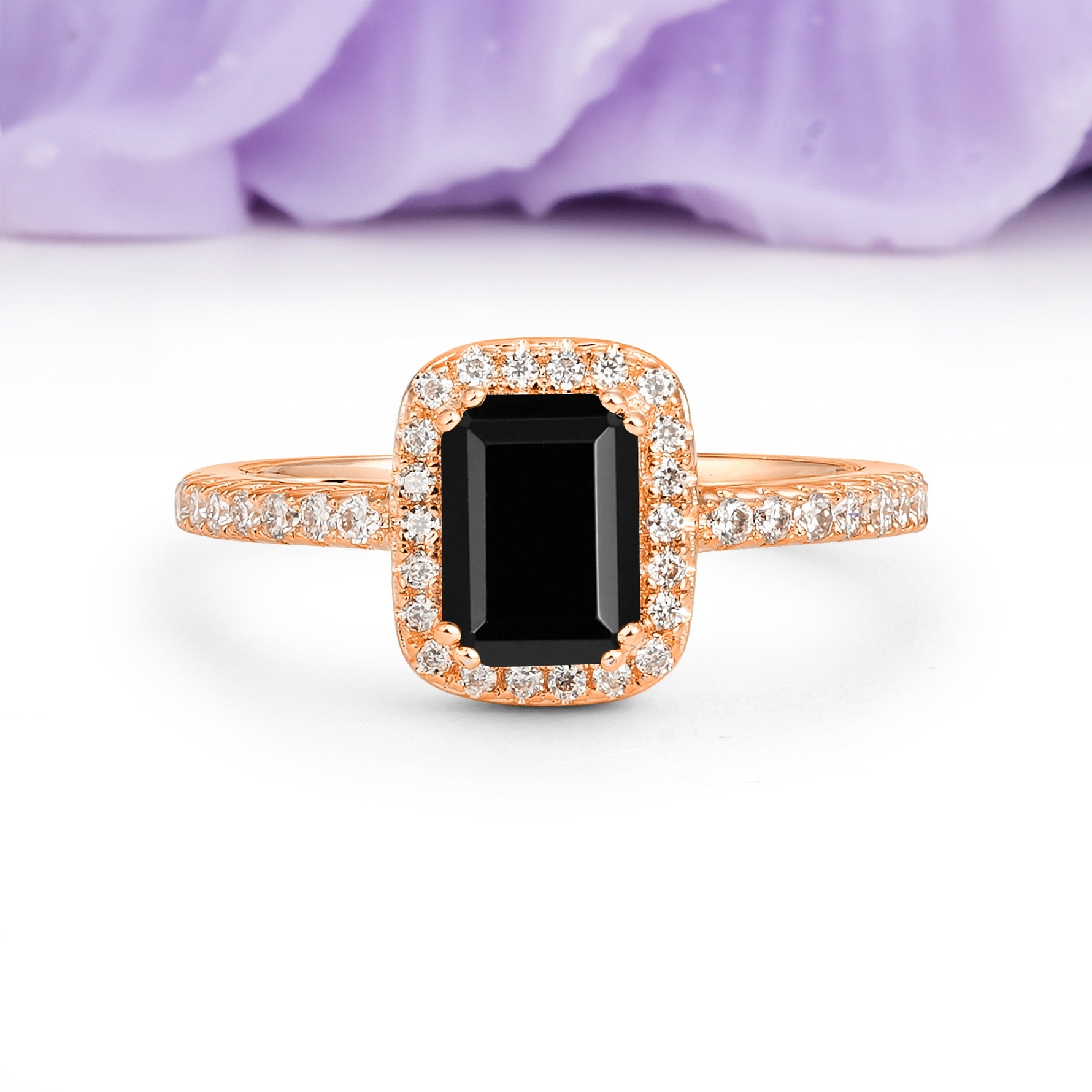 Classic Channel-Set, Vintage-Style 4-Prong Emerald Cut Black Onyx Engagement Ring - Additional view