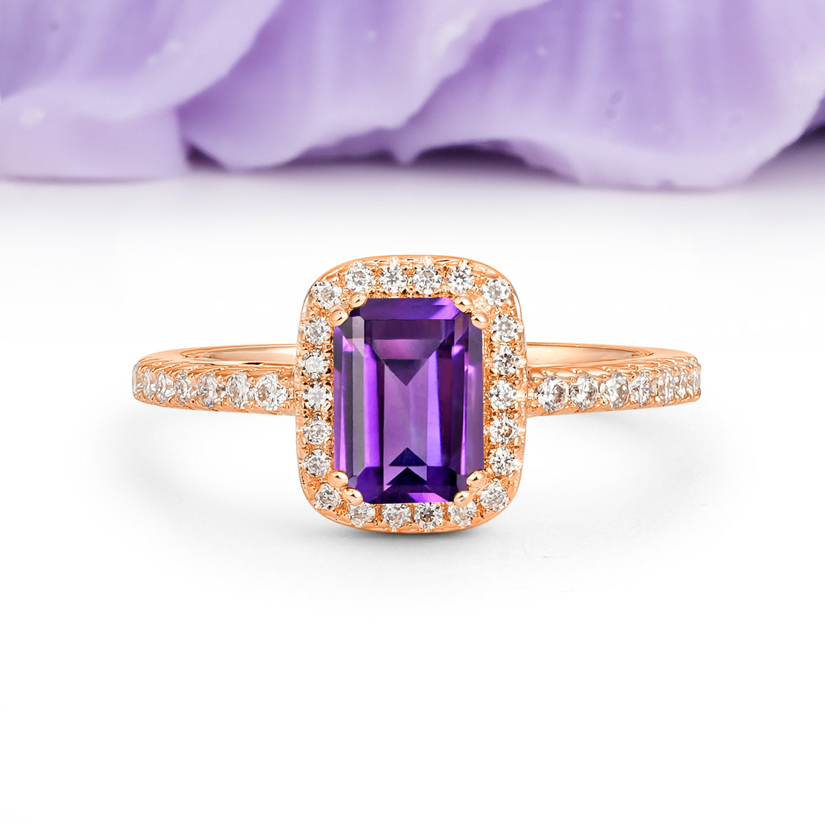 Classic Channel-Set, Vintage-Style 4-Prong Emerald Cut Amethyst Engagement Ring - Additional view