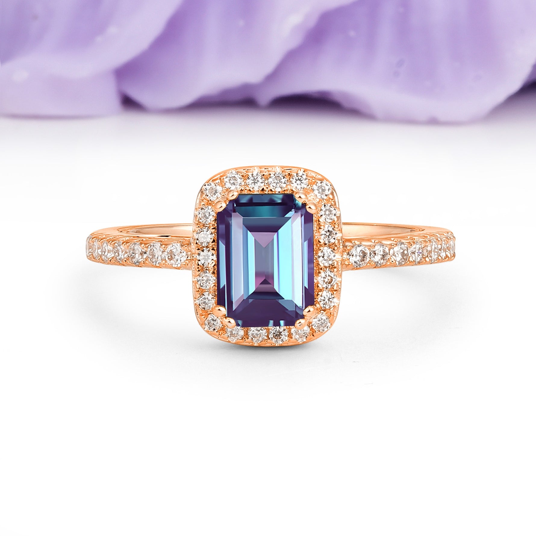 Classic Channel-Set, Vintage-Style 4-Prong Emerald Cut Alexandrite Engagement Ring - Additional view
