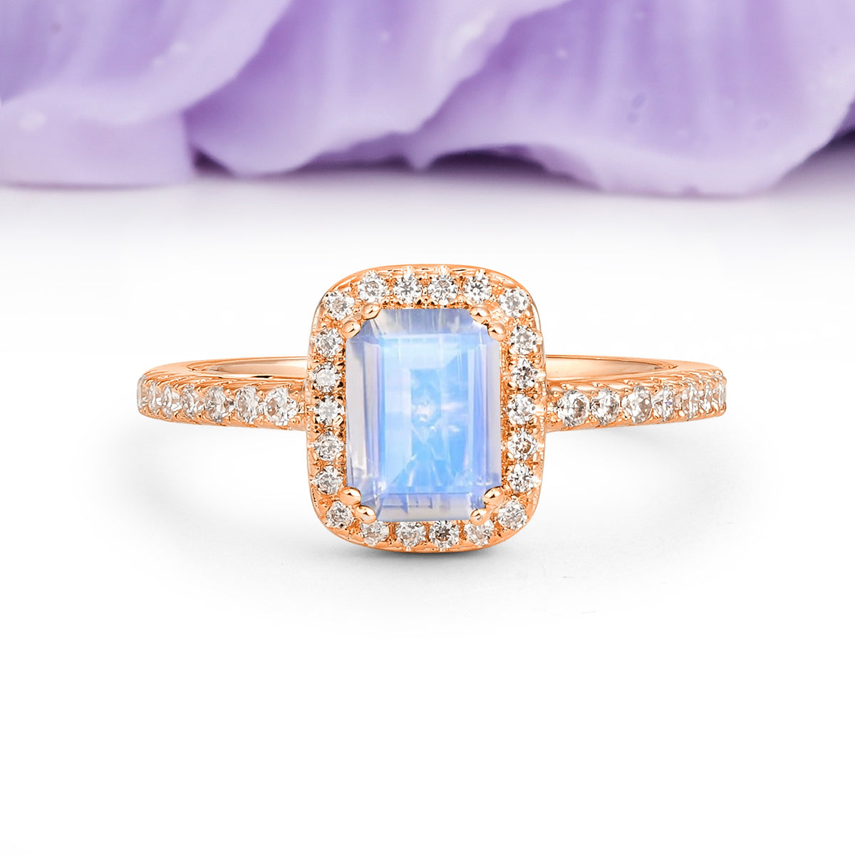 Classic Channel-Set, Vintage-Style 4-Prong Emerald Cut Moonstone Engagement Ring - Additional view