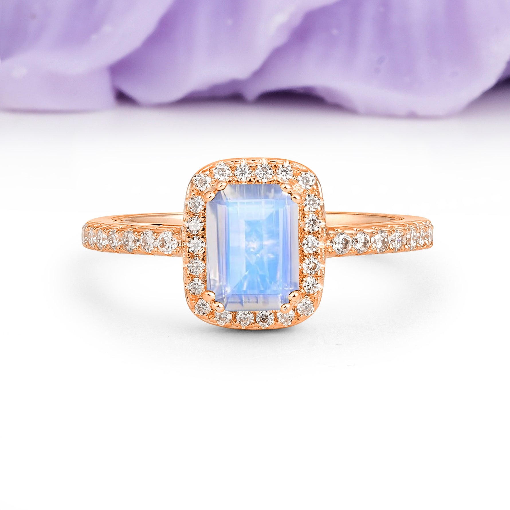 Classic Channel-Set, Vintage-Style 4-Prong Emerald Cut Moonstone Engagement Ring - Additional view