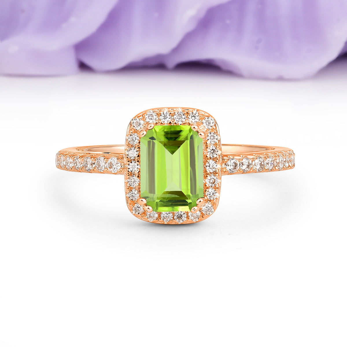 Classic Channel-Set, Vintage-Style 4-Prong Emerald Cut Peridot Engagement Ring - Additional view