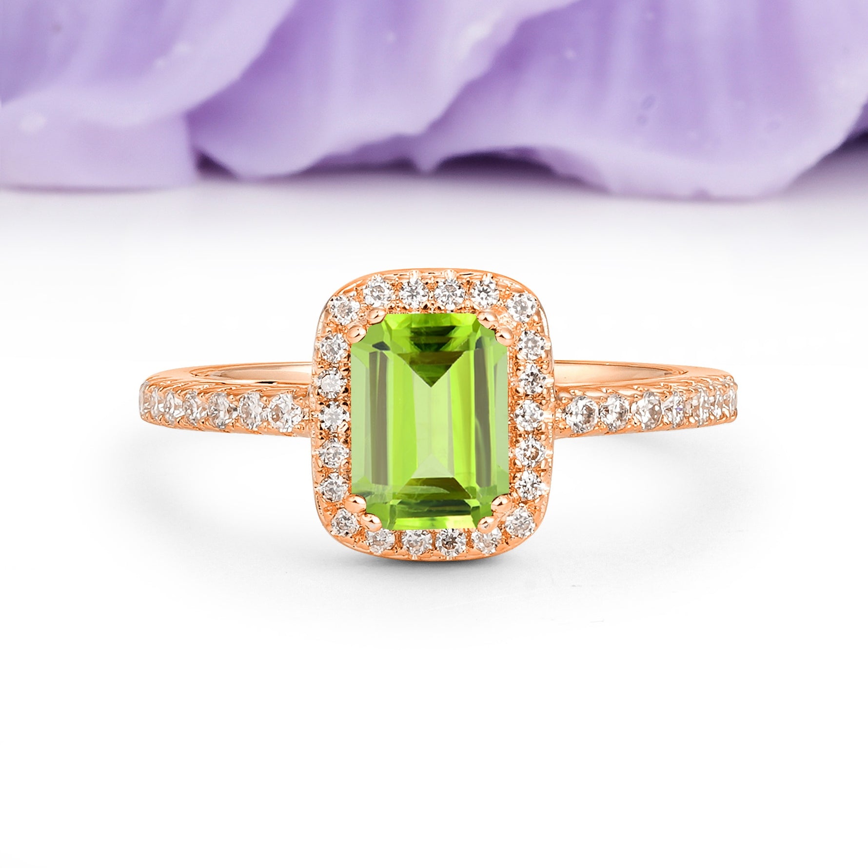 Classic Channel-Set, Vintage-Style 4-Prong Emerald Cut Peridot Engagement Ring - Additional view