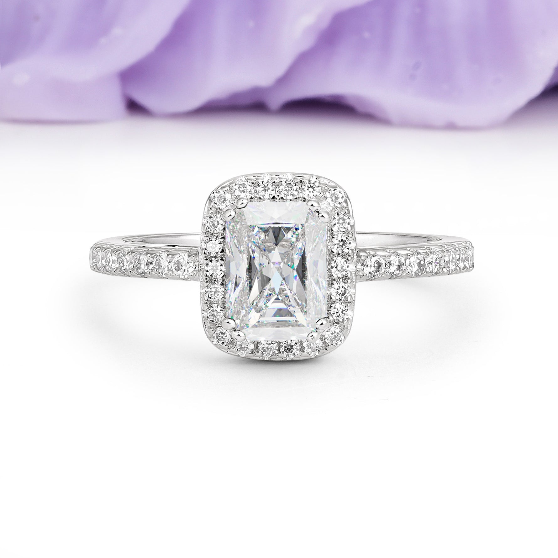 Classic Channel-Set, Vintage-Style 4-Prong Emerald Cut Moissanite Engagement Ring - Additional view