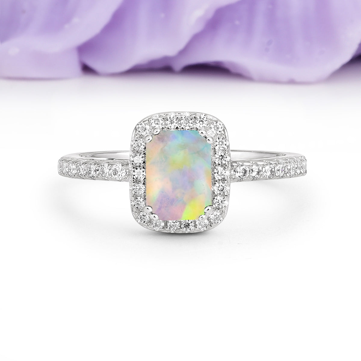 Classic Channel-Set, Vintage-Style 4-Prong Emerald Cut Fire Opal Engagement Ring - Additional view