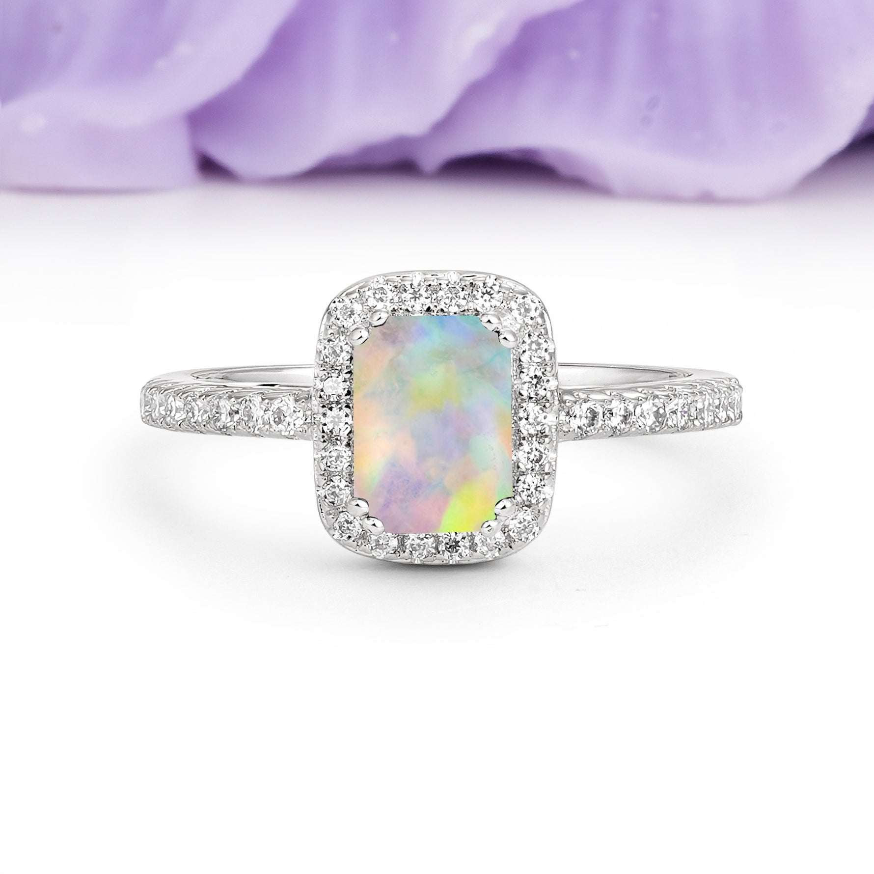Classic Channel-Set, Vintage-Style 4-Prong Emerald Cut Fire Opal Engagement Ring - Additional view