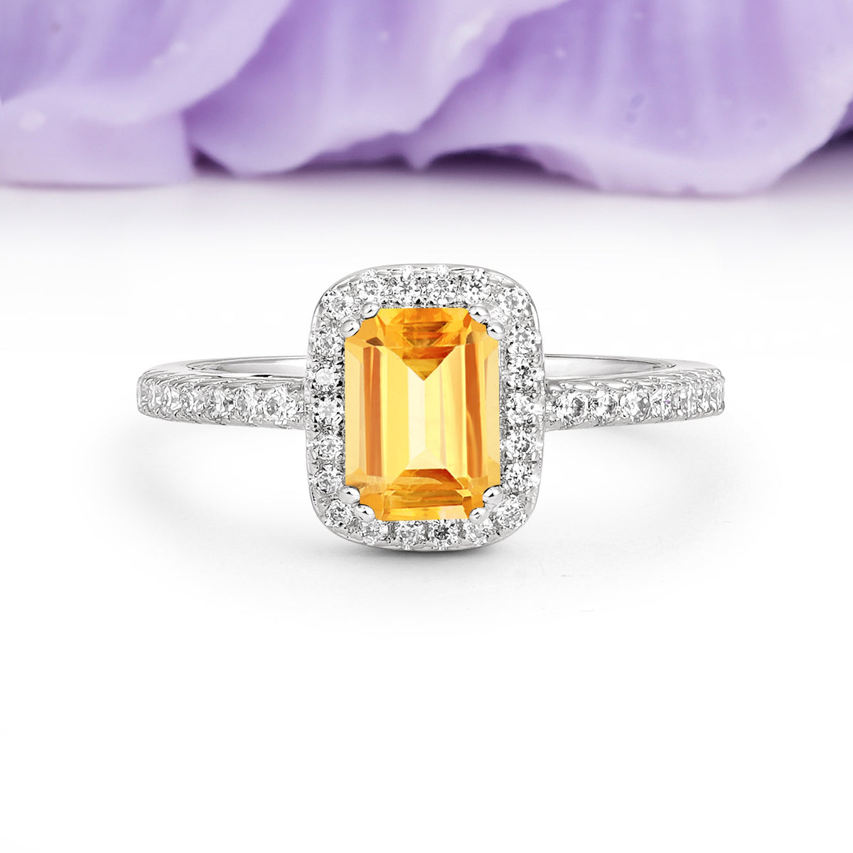 Classic Channel-Set, Vintage-Style 4-Prong Emerald Cut Citrine Engagement Ring - Additional view