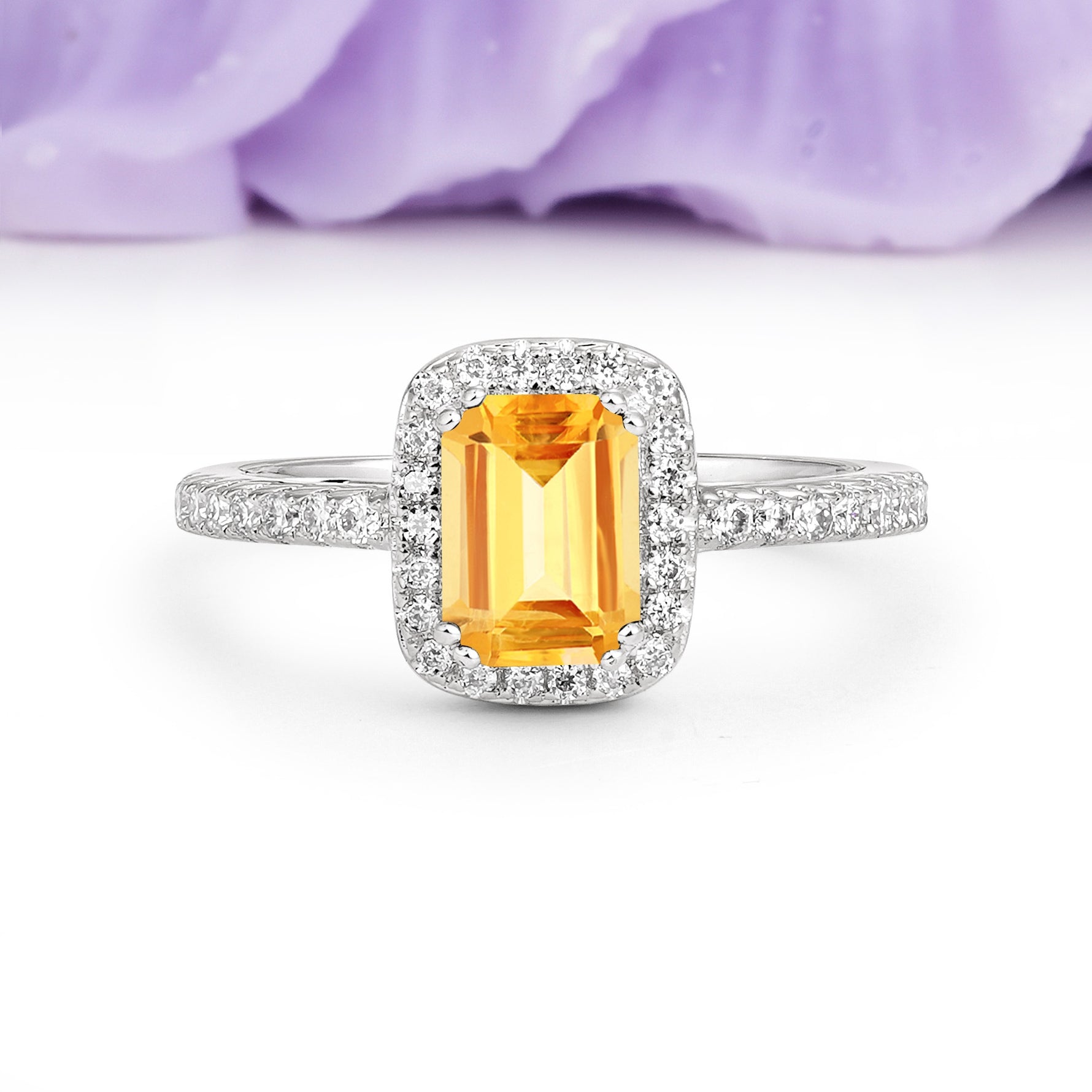 Classic Channel-Set, Vintage-Style 4-Prong Emerald Cut Citrine Engagement Ring - Additional view