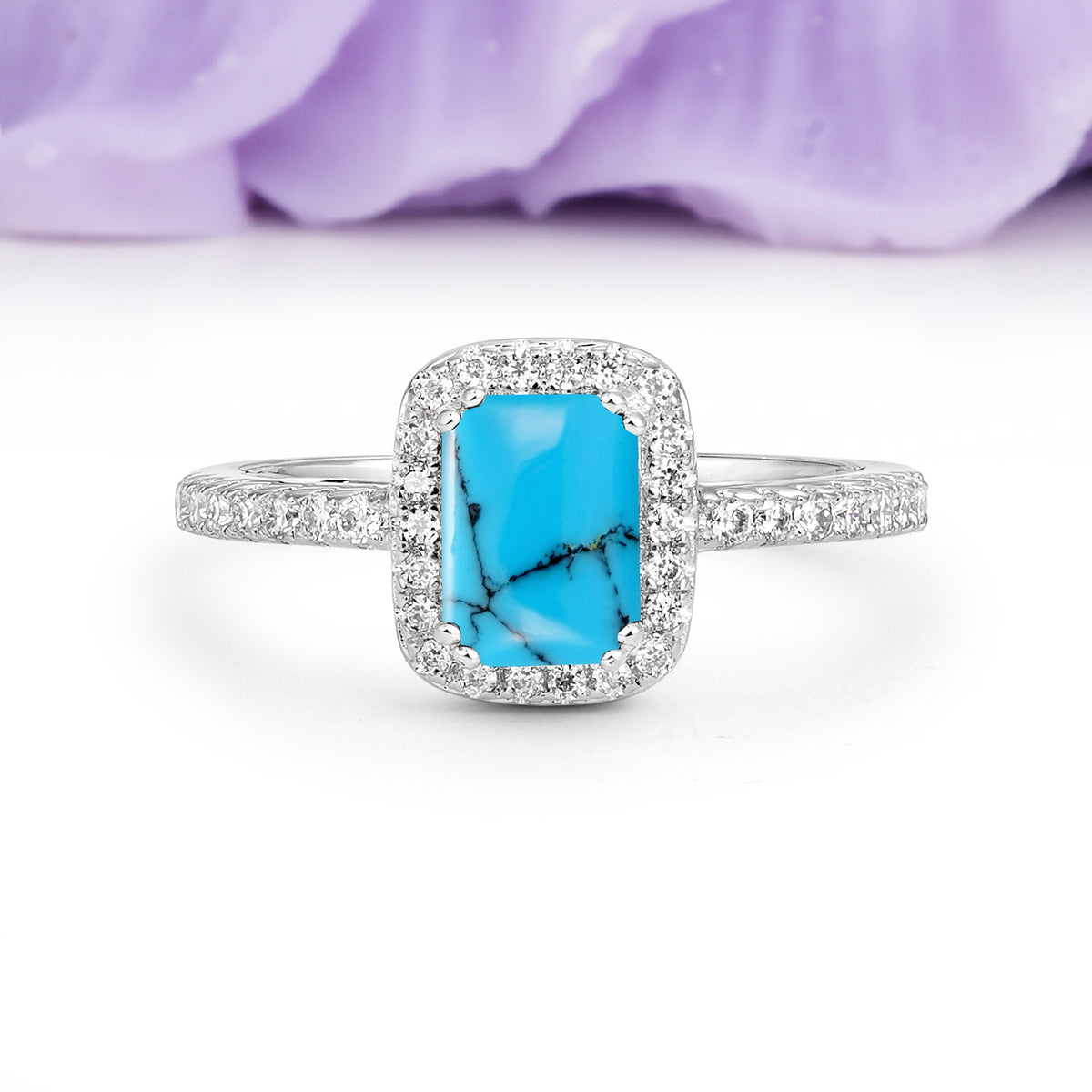 Classic Channel-Set, Vintage-Style 4-Prong Emerald Cut Turquoise Engagement Ring - Additional view