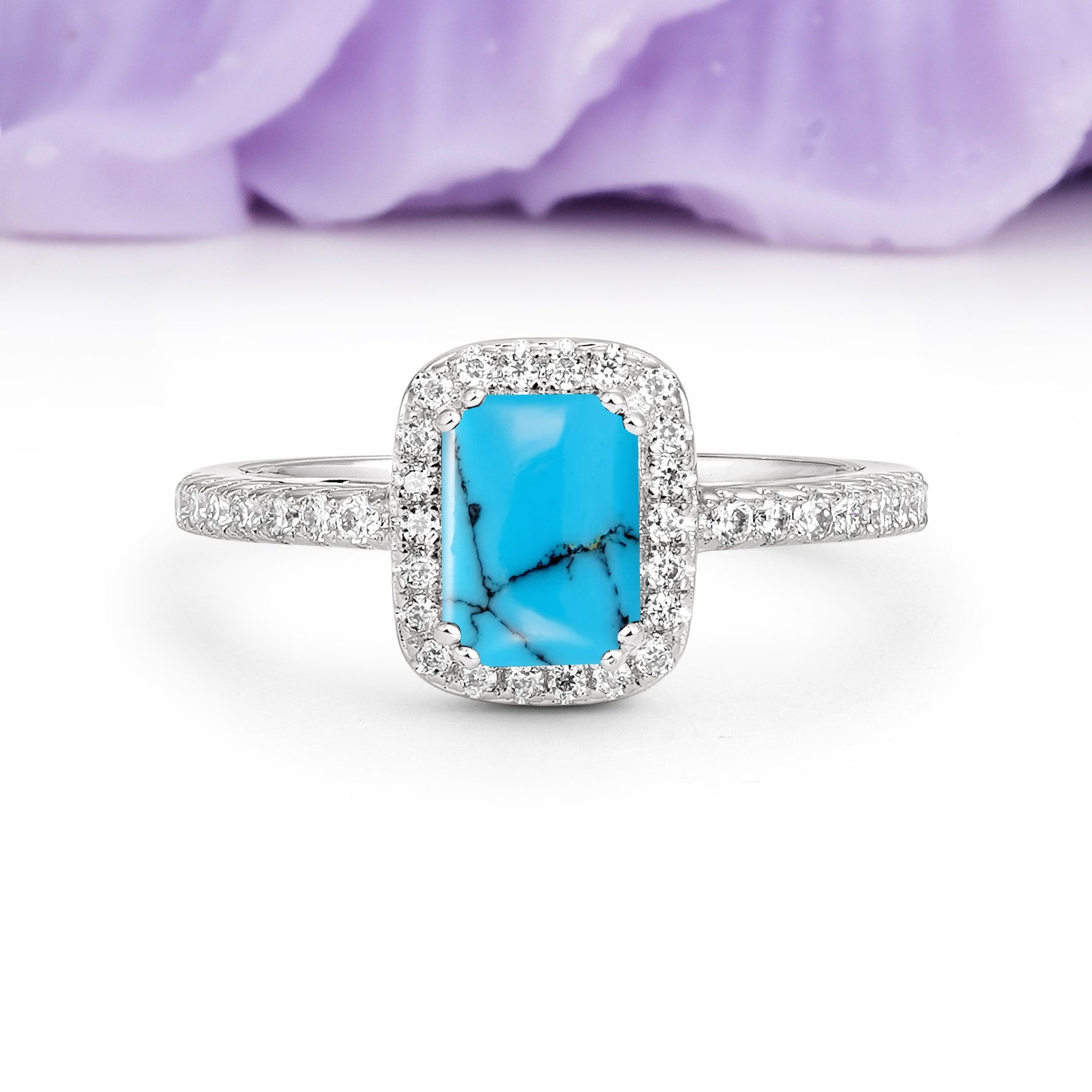 Classic Channel-Set, Vintage-Style 4-Prong Emerald Cut Turquoise Engagement Ring - Additional view