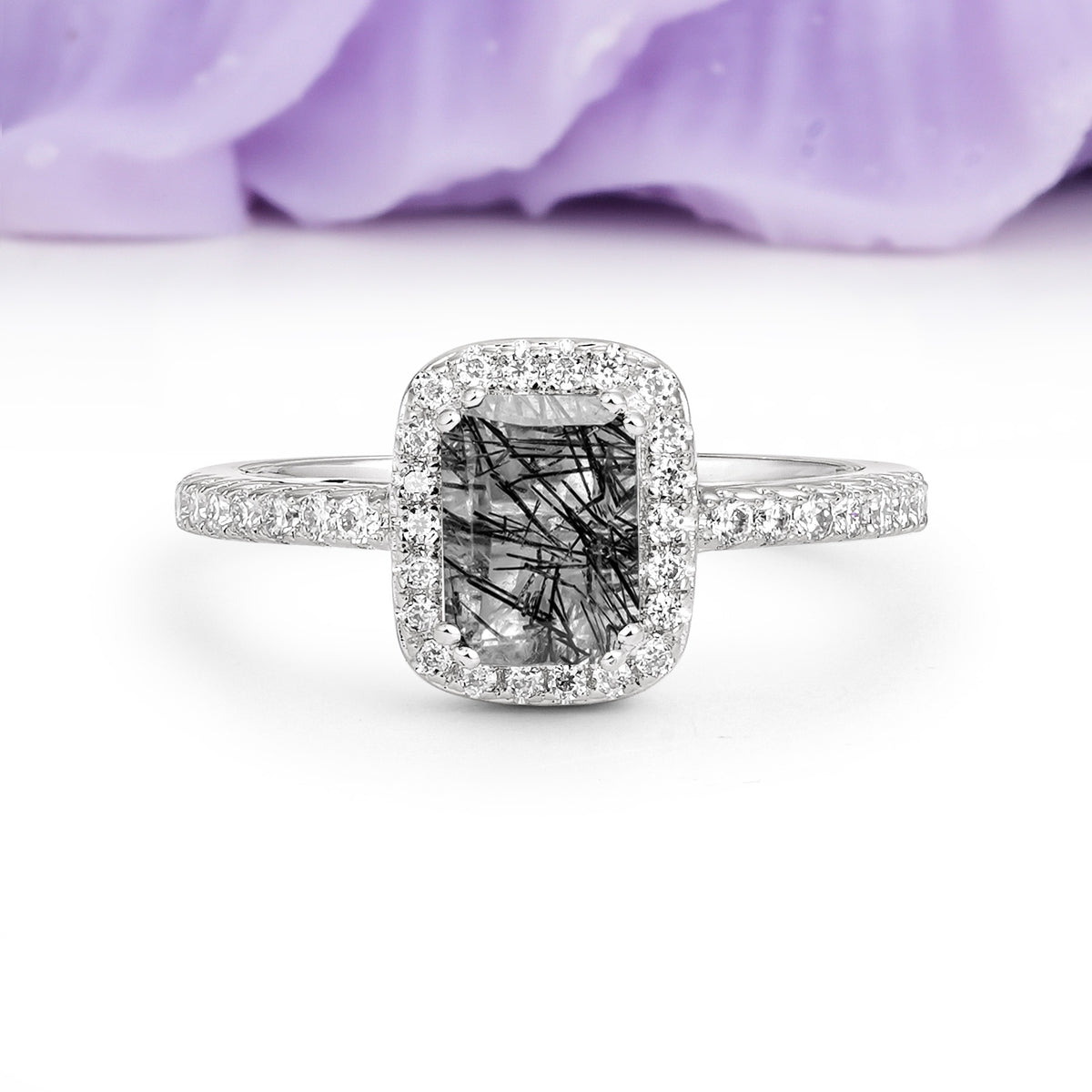 Classic Channel-Set, Vintage-Style 4-Prong Emerald Cut Black Rutilated Quartz Engagement Ring - Additional view