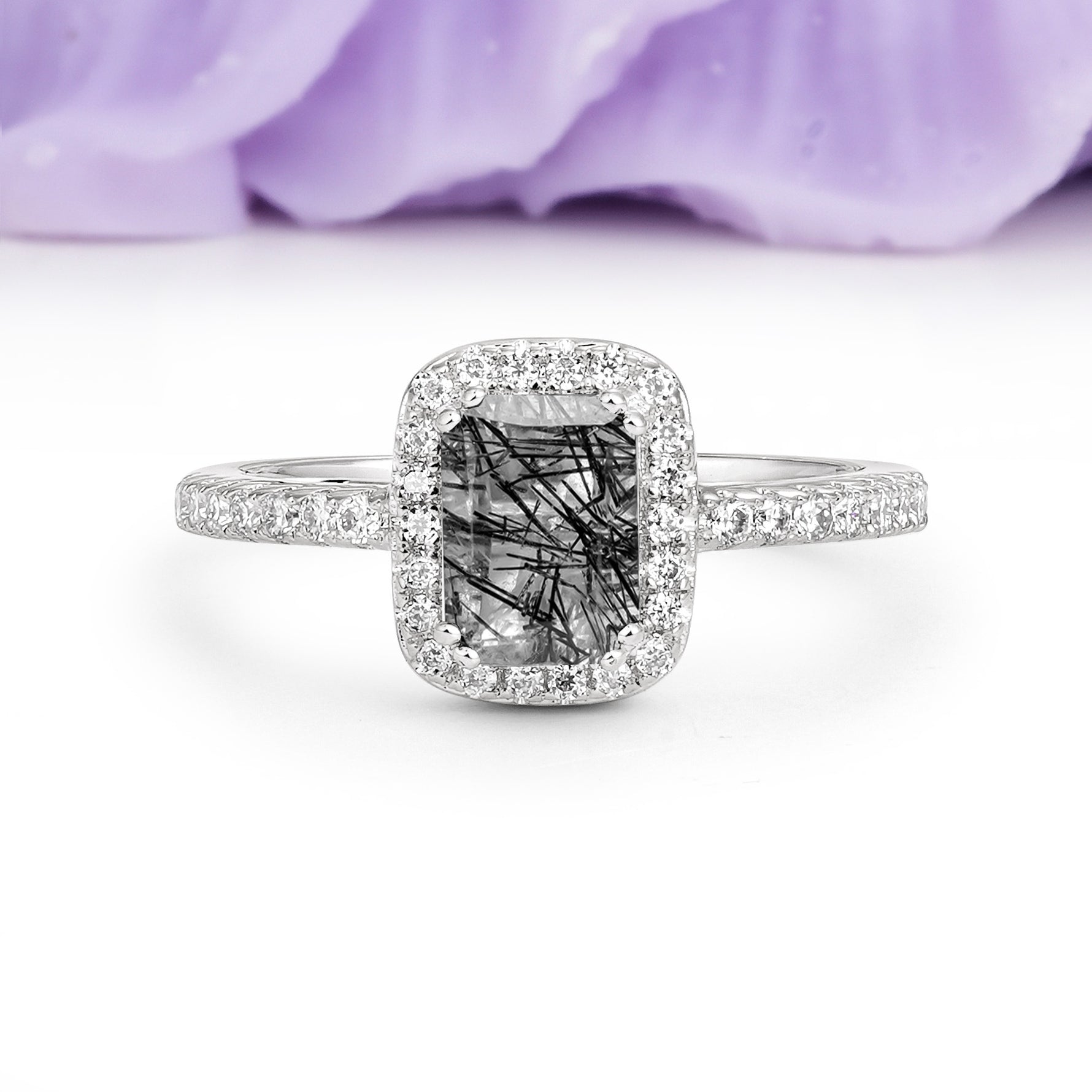 Classic Channel-Set, Vintage-Style 4-Prong Emerald Cut Black Rutilated Quartz Engagement Ring - Additional view