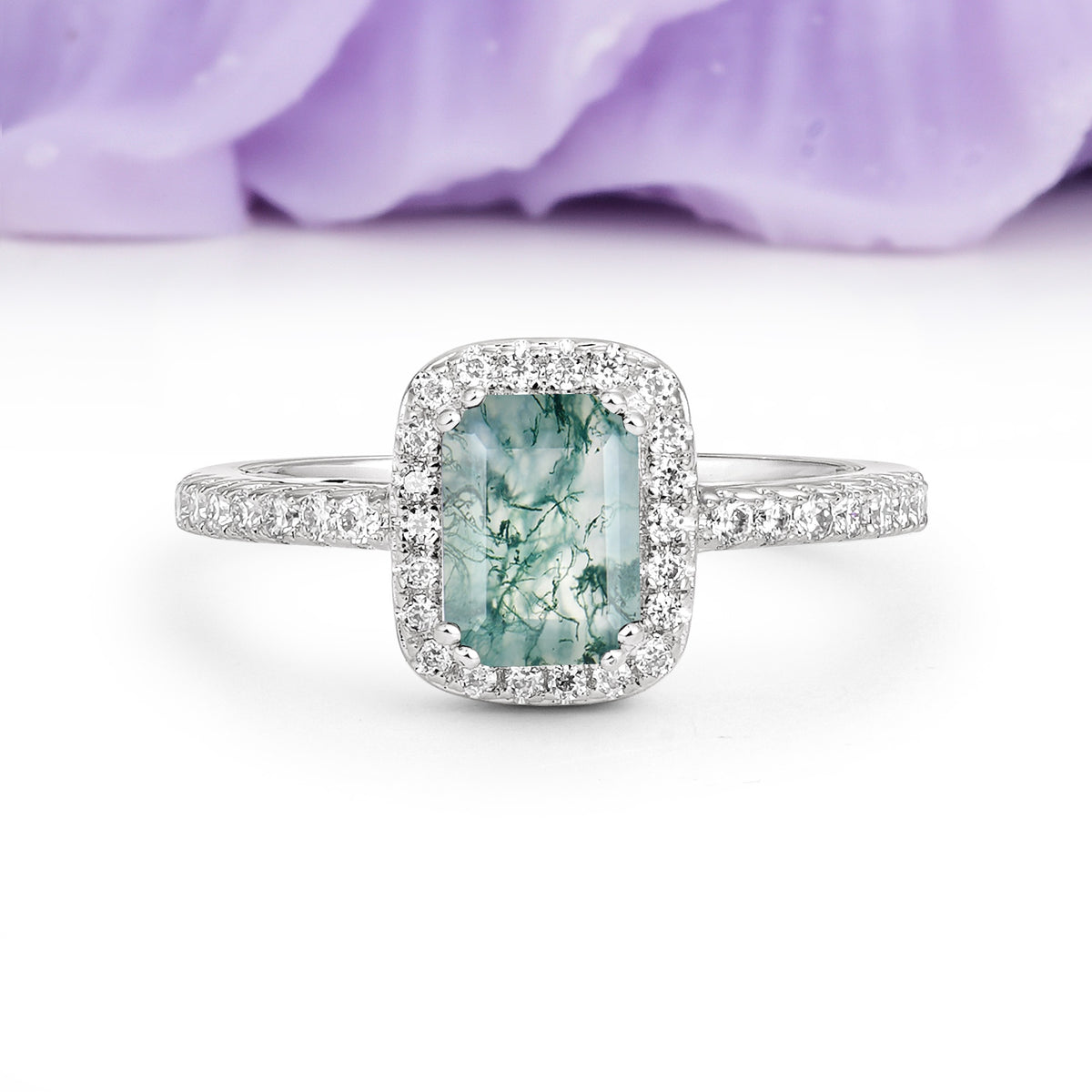 Classic Channel-Set, Vintage-Style 4-Prong Emerald Cut Moss Agate Engagement Ring - Additional view