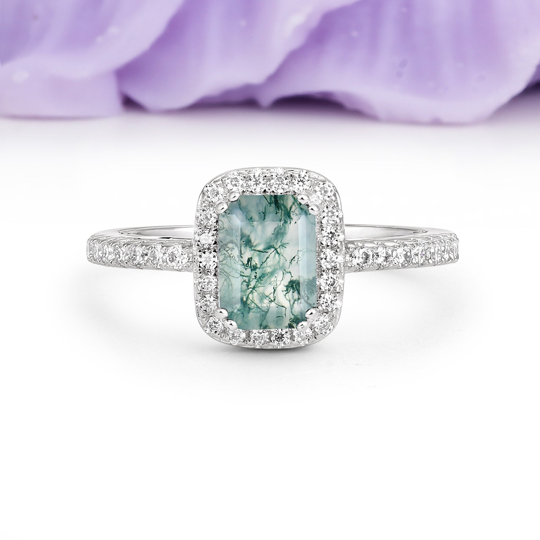 Classic Channel-Set, Vintage-Style 4-Prong Emerald Cut Moss Agate Engagement Ring - Additional view