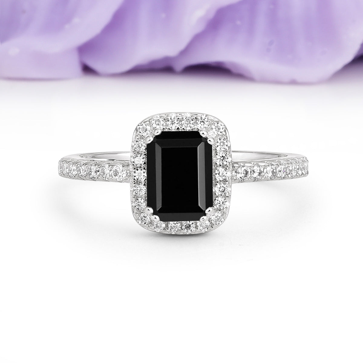 Classic Channel-Set, Vintage-Style 4-Prong Emerald Cut Black Onyx Engagement Ring - Additional view