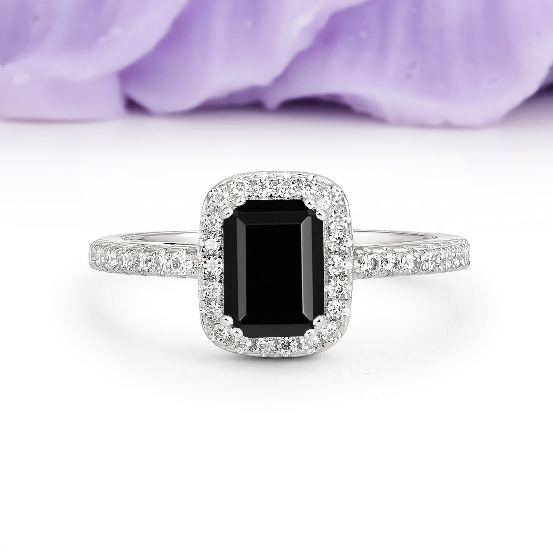 Classic Channel-Set, Vintage-Style 4-Prong Emerald Cut Black Onyx Engagement Ring - Additional view