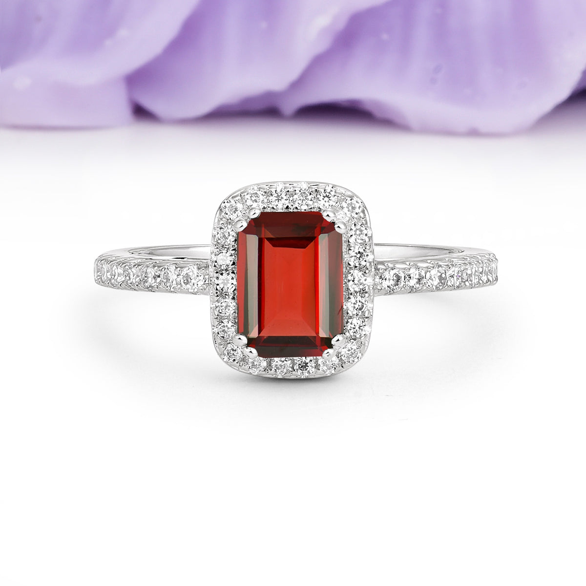 Classic Channel-Set, Vintage-Style 4-Prong Emerald Cut Garnet Engagement Ring - Additional view