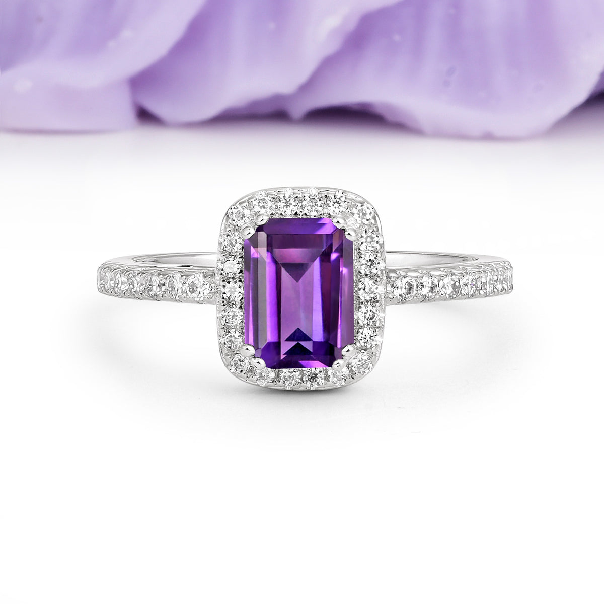 Classic Channel-Set, Vintage-Style 4-Prong Emerald Cut Amethyst Engagement Ring - Additional view