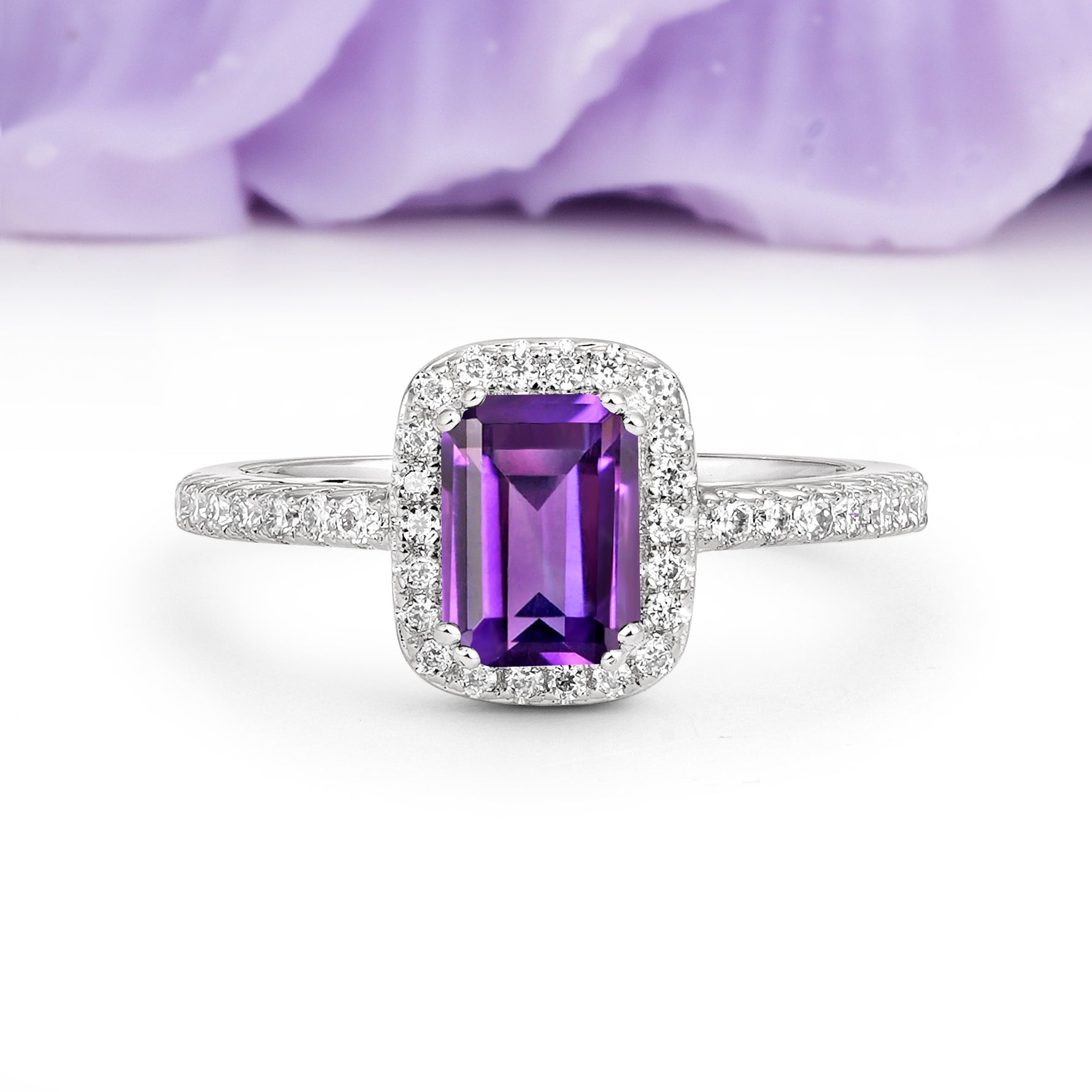 Classic Channel-Set, Vintage-Style 4-Prong Emerald Cut Amethyst Engagement Ring - Additional view