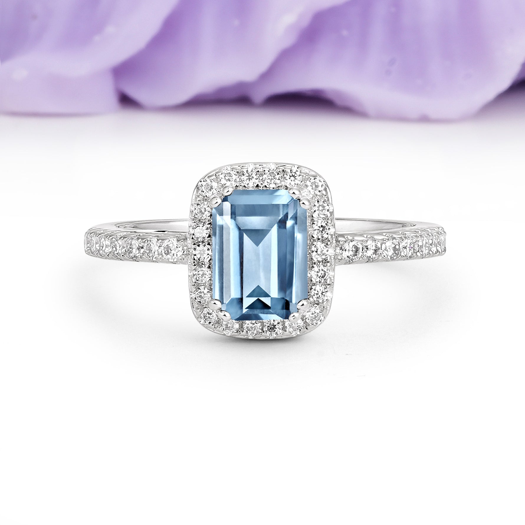 Classic Channel-Set, Vintage-Style 4-Prong Emerald Cut Aquamarine Engagement Ring - Additional view
