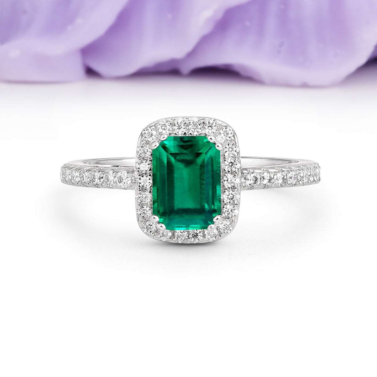 Classic Channel-Set, Vintage-Style 4-Prong Emerald Cut Emerald Engagement Ring - Additional view