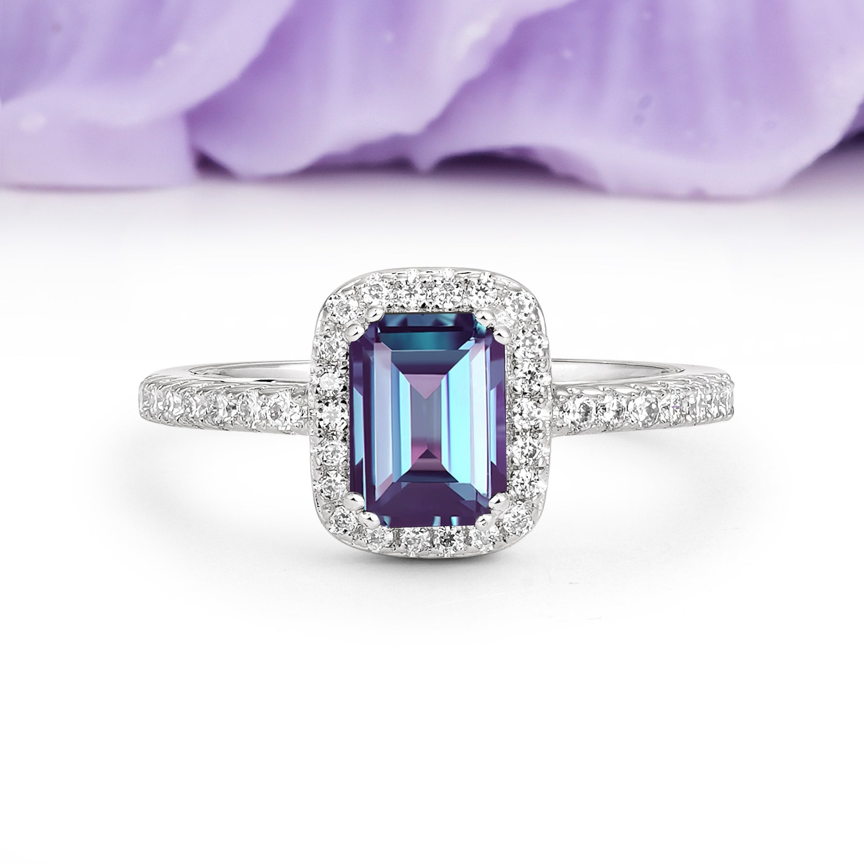 Classic Channel-Set, Vintage-Style 4-Prong Emerald Cut Alexandrite Engagement Ring - Additional view