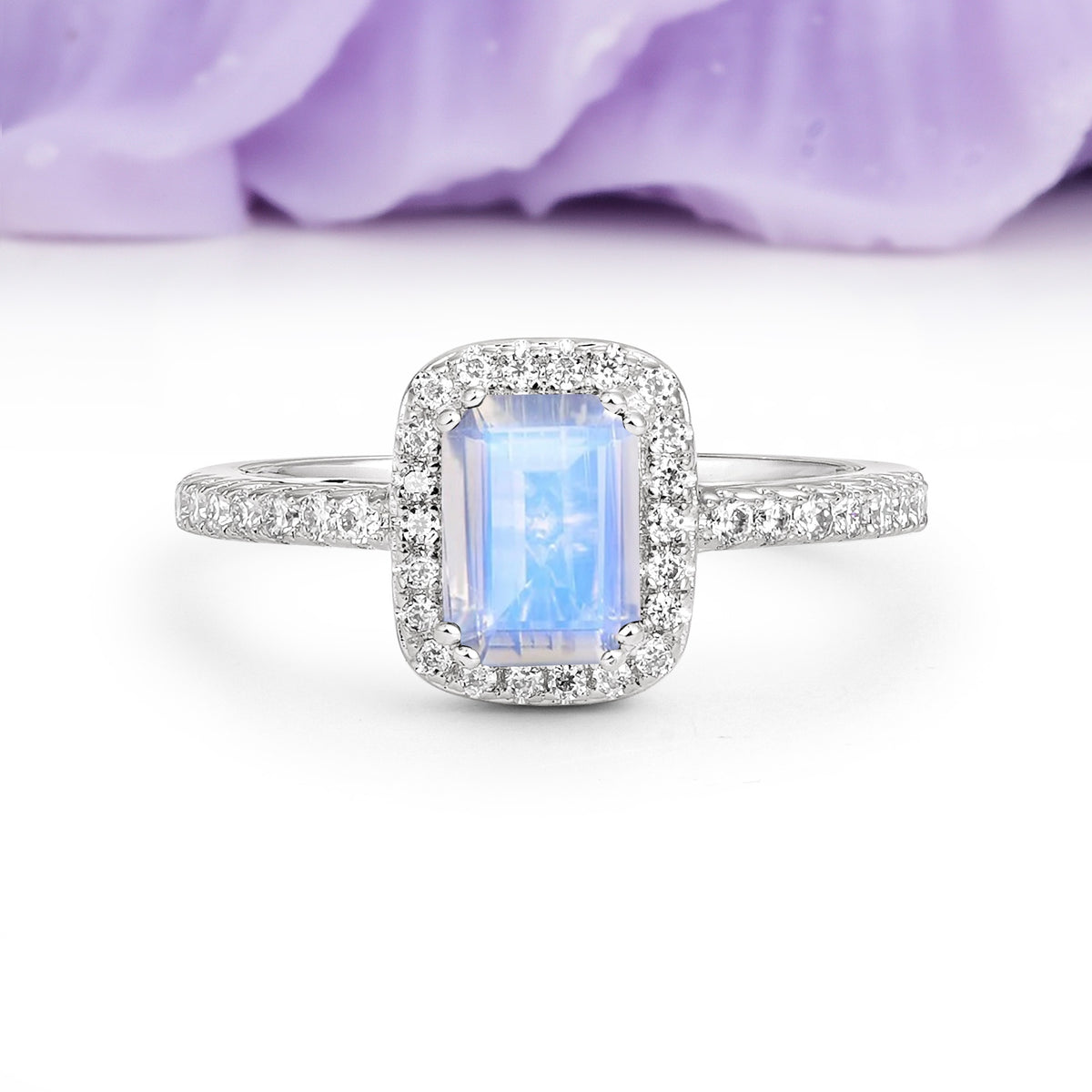 Classic Channel-Set, Vintage-Style 4-Prong Emerald Cut Moonstone Engagement Ring - Additional view