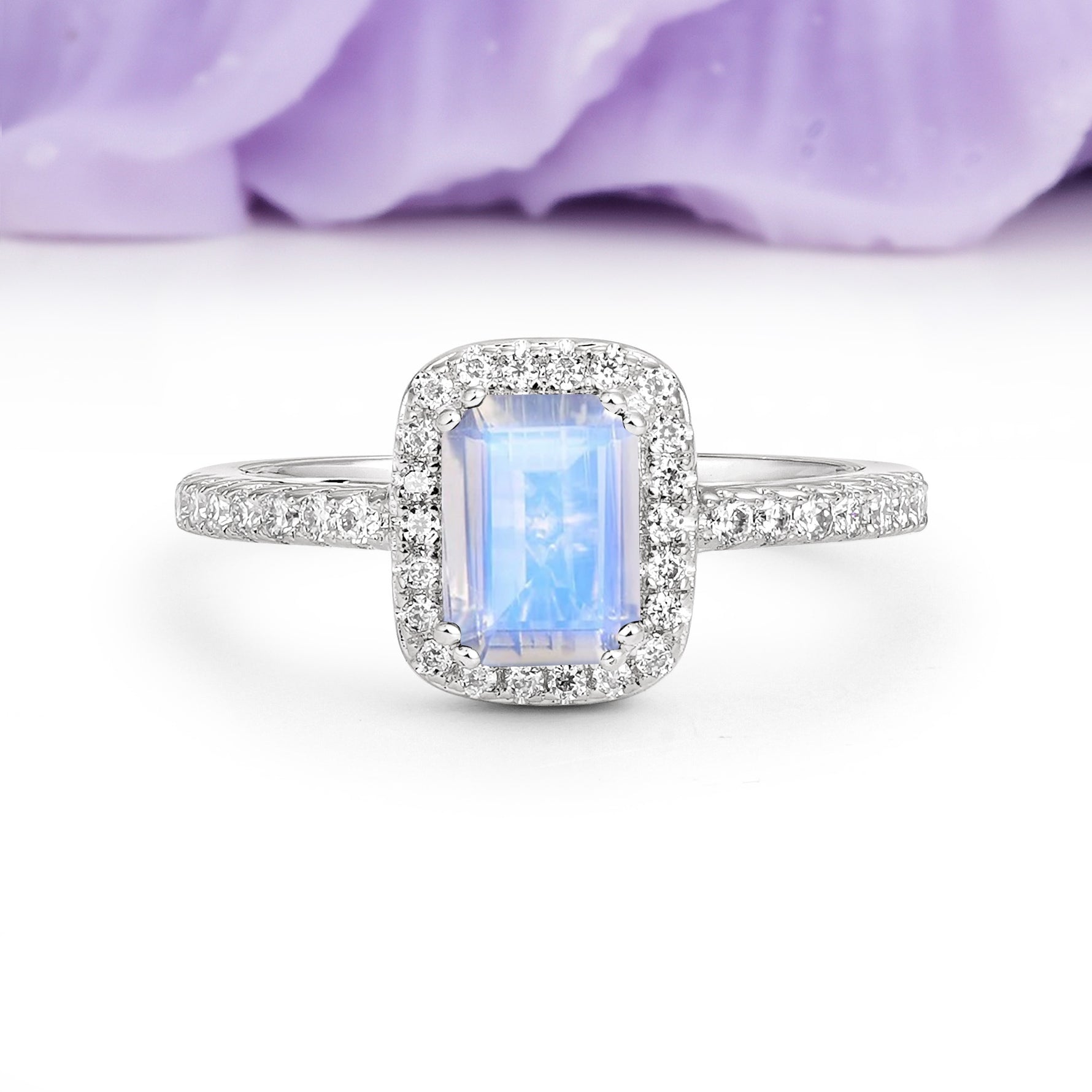 Classic Channel-Set, Vintage-Style 4-Prong Emerald Cut Moonstone Engagement Ring - Additional view