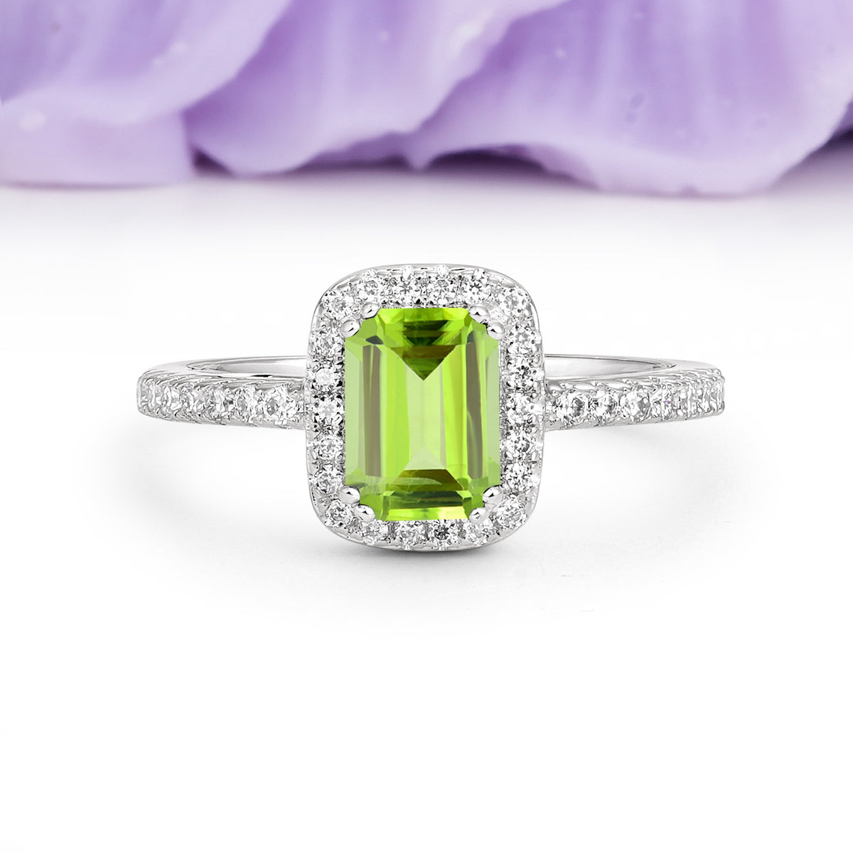 Classic Channel-Set, Vintage-Style 4-Prong Emerald Cut Peridot Engagement Ring - Additional view