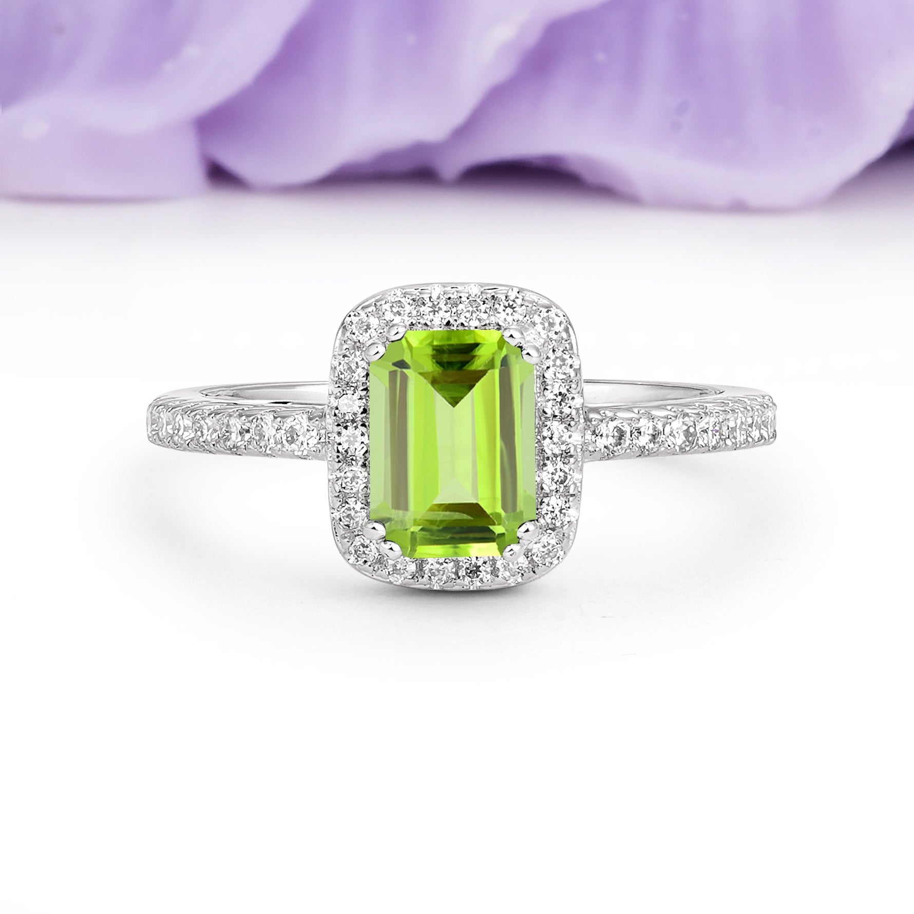 Classic Channel-Set, Vintage-Style 4-Prong Emerald Cut Peridot Engagement Ring - Additional view