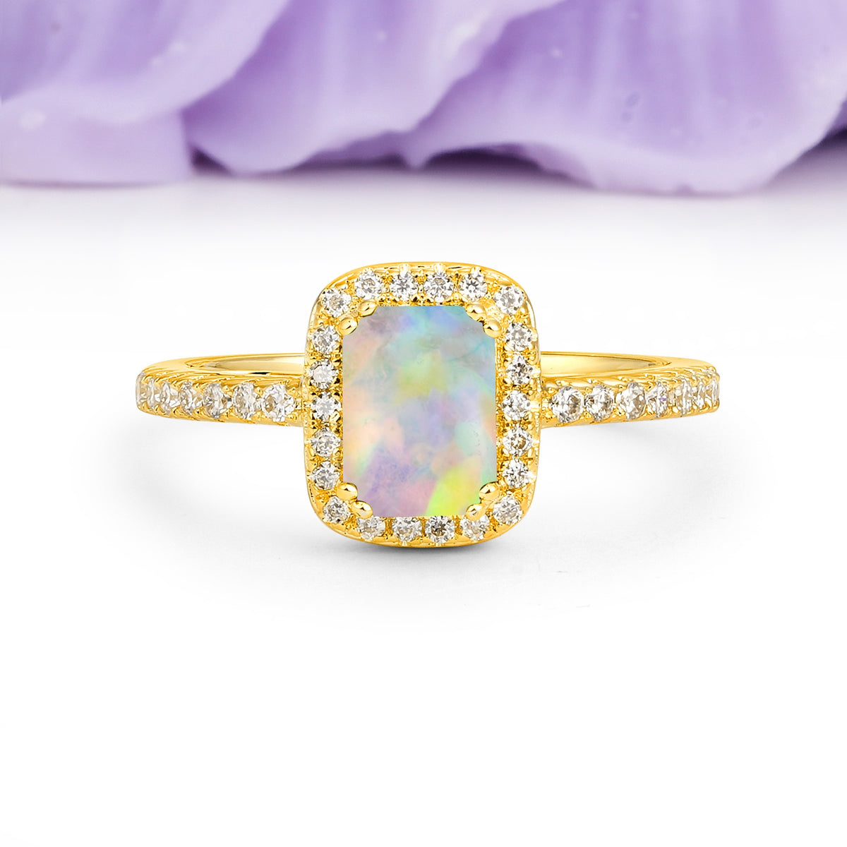 Classic Channel-Set, Vintage-Style 4-Prong Emerald Cut Fire Opal Engagement Ring - Additional view