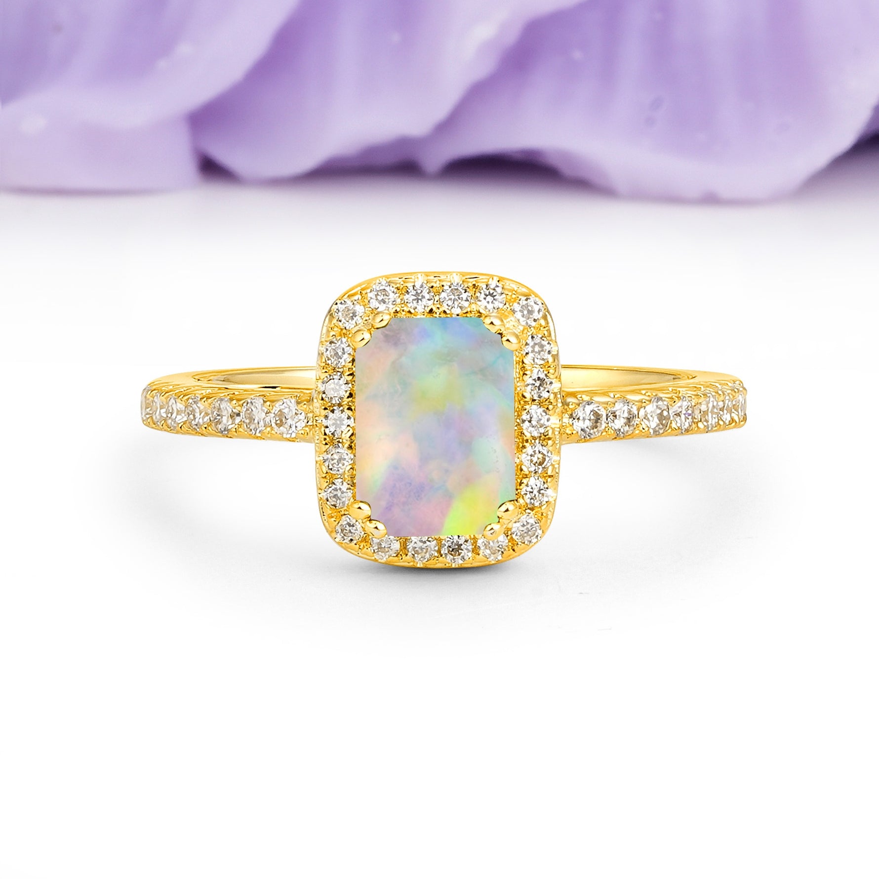 Classic Channel-Set, Vintage-Style 4-Prong Emerald Cut Fire Opal Engagement Ring - Additional view