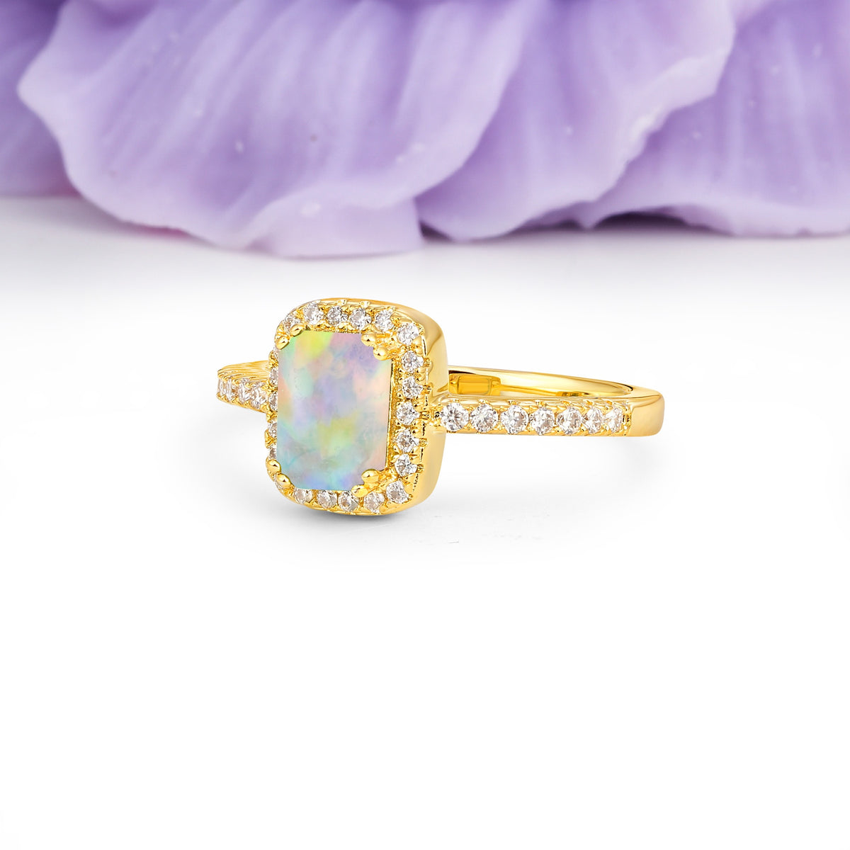Classic Channel-Set, Vintage-Style 4-Prong Emerald Cut Fire Opal Engagement Ring - Additional view