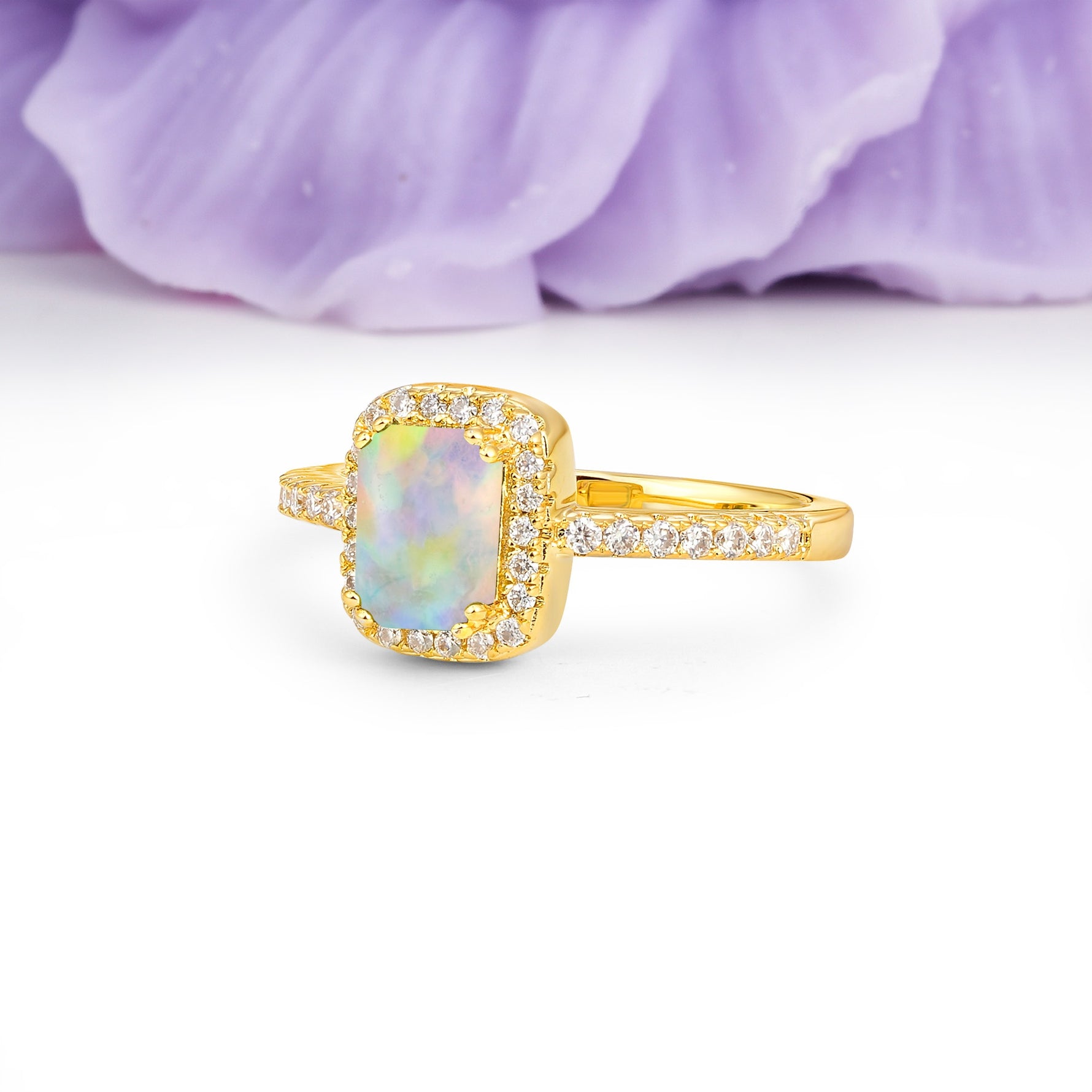 Classic Channel-Set, Vintage-Style 4-Prong Emerald Cut Fire Opal Engagement Ring - Additional view