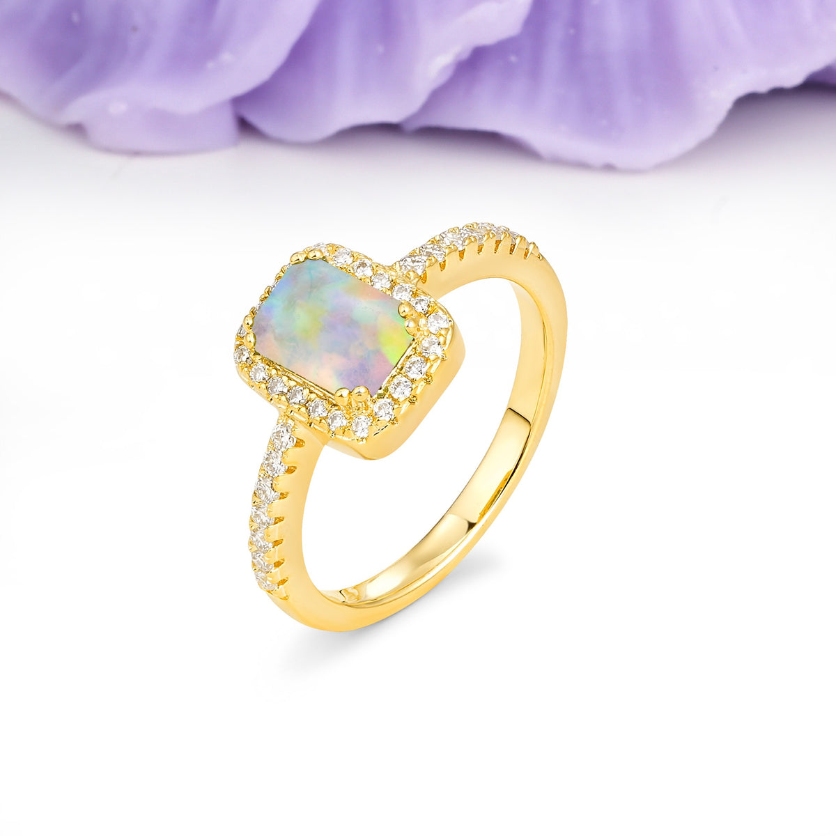 Classic Channel-Set, Vintage-Style 4-Prong Emerald Cut Fire Opal Engagement Ring - Additional view