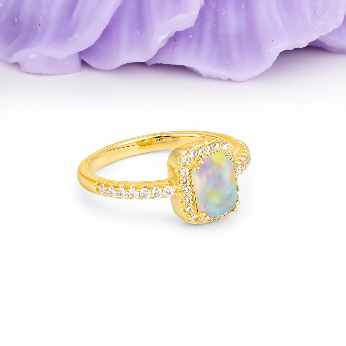 Classic Channel-Set, Vintage-Style 4-Prong Emerald Cut Fire Opal Engagement Ring - Additional view