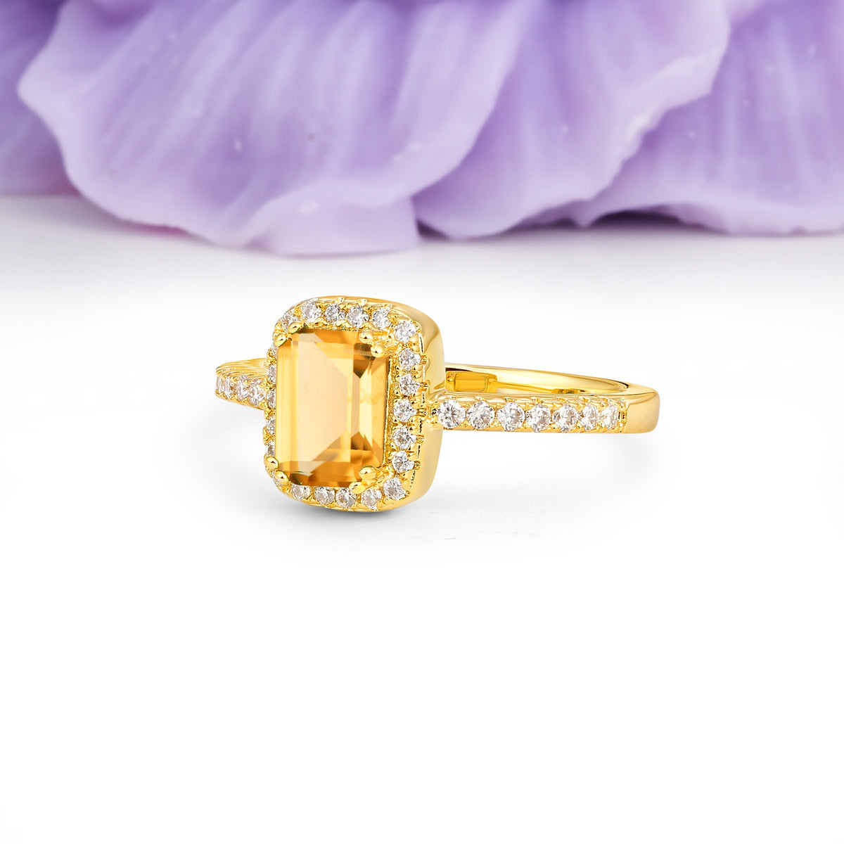 Classic Channel-Set, Vintage-Style 4-Prong Emerald Cut Citrine Engagement Ring - Additional view