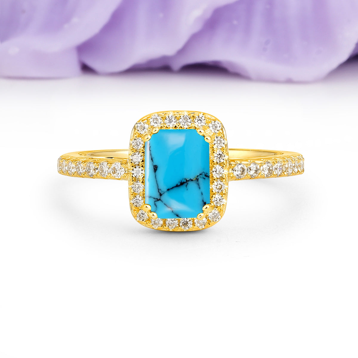 Classic Channel-Set, Vintage-Style 4-Prong Emerald Cut Turquoise Engagement Ring - Additional view