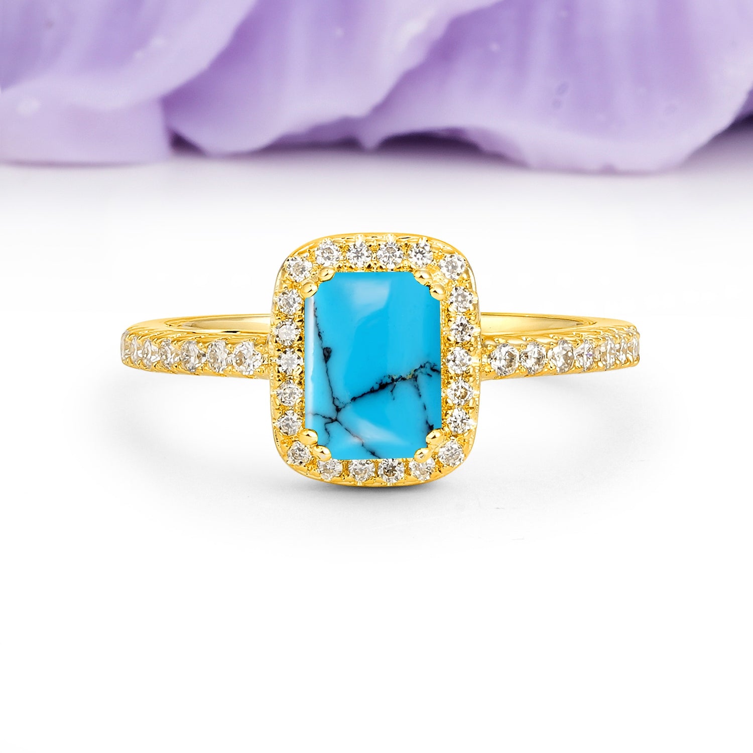Classic Channel-Set, Vintage-Style 4-Prong Emerald Cut Turquoise Engagement Ring - Additional view