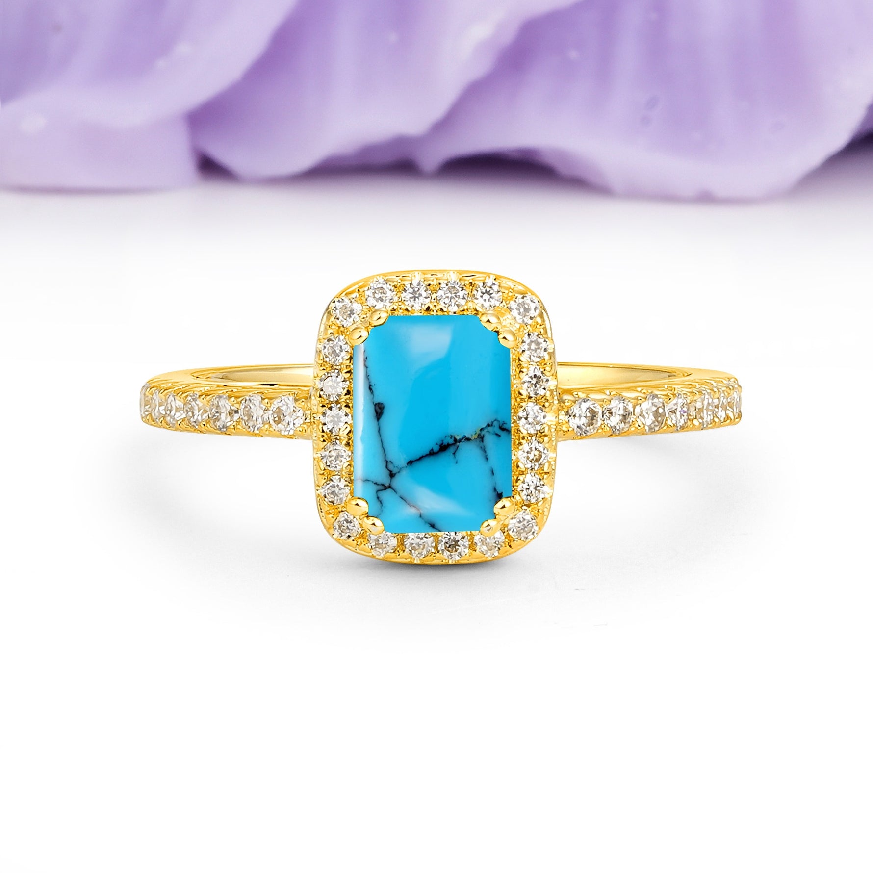 Classic Channel-Set, Vintage-Style 4-Prong Emerald Cut Turquoise Engagement Ring - Additional view