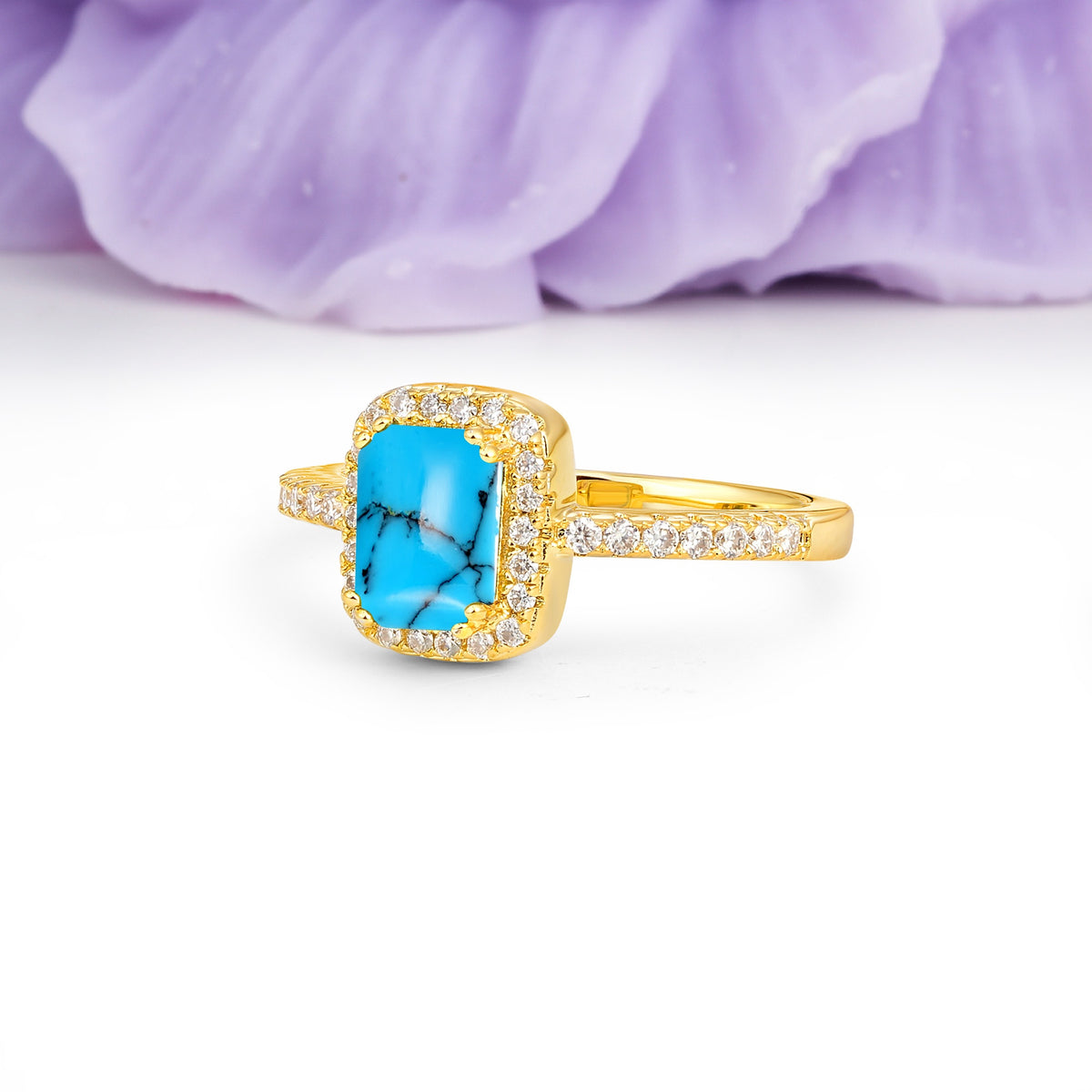 Classic Channel-Set, Vintage-Style 4-Prong Emerald Cut Turquoise Engagement Ring - Additional view
