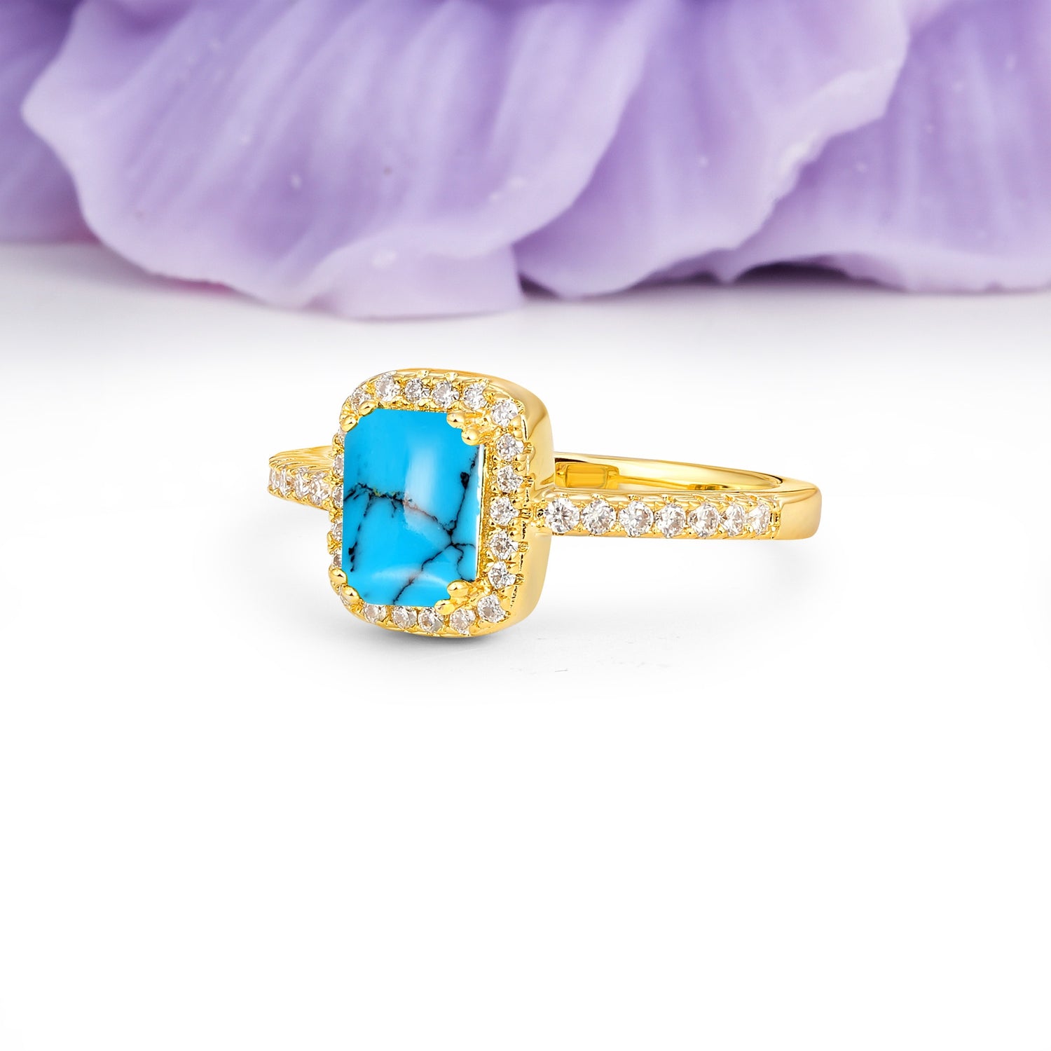 Classic Channel-Set, Vintage-Style 4-Prong Emerald Cut Turquoise Engagement Ring - Additional view